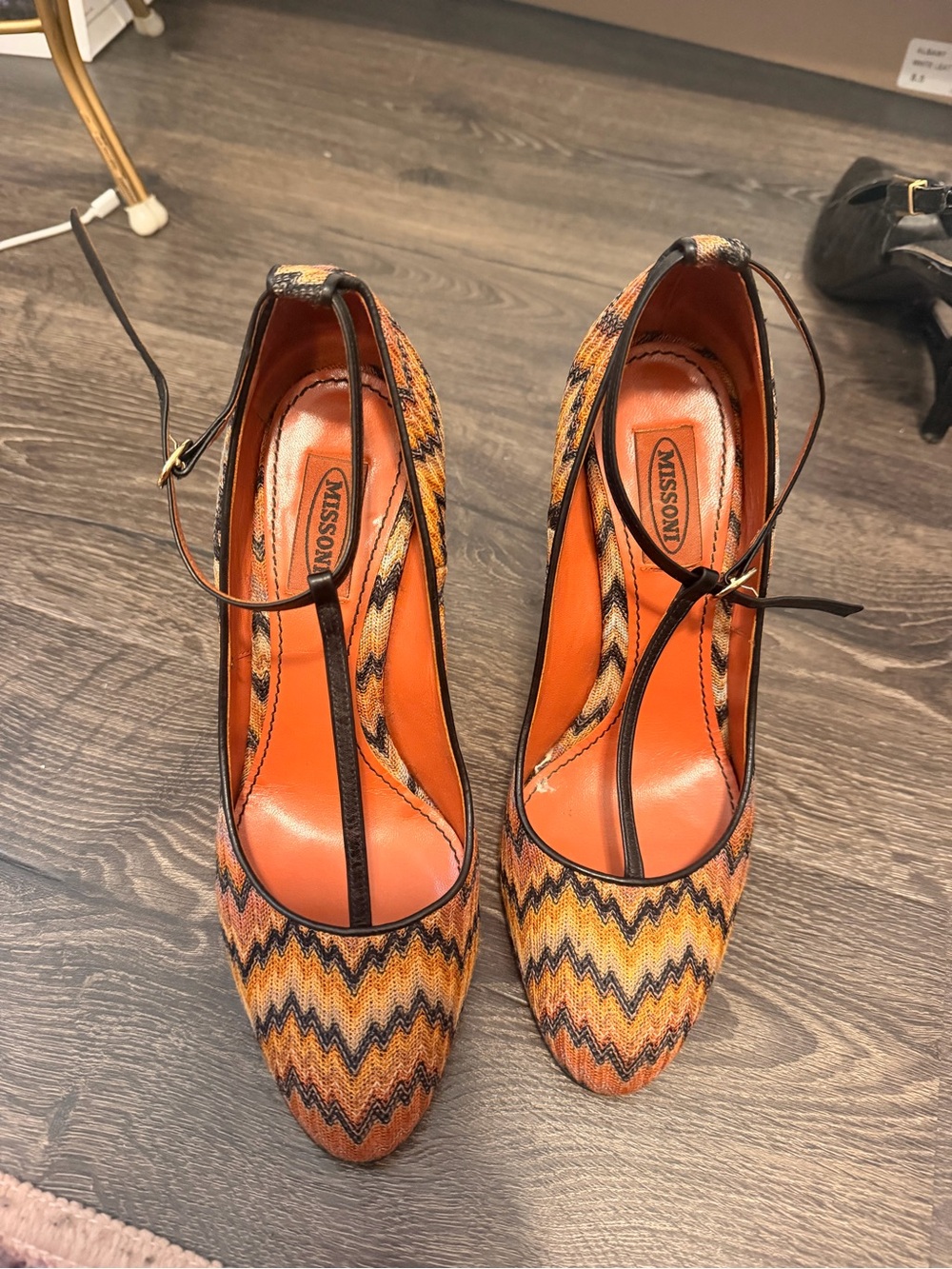 Missoni Orange Chevron Ankle-Strap Pumps with Black Trim
